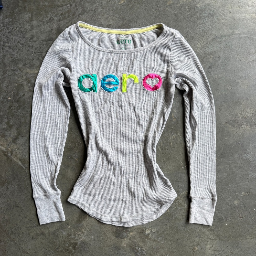 Aeropostale Y2K Gray Thermal Waffle Knit Long Sleeve Shirt Sz Medium Baby Doll